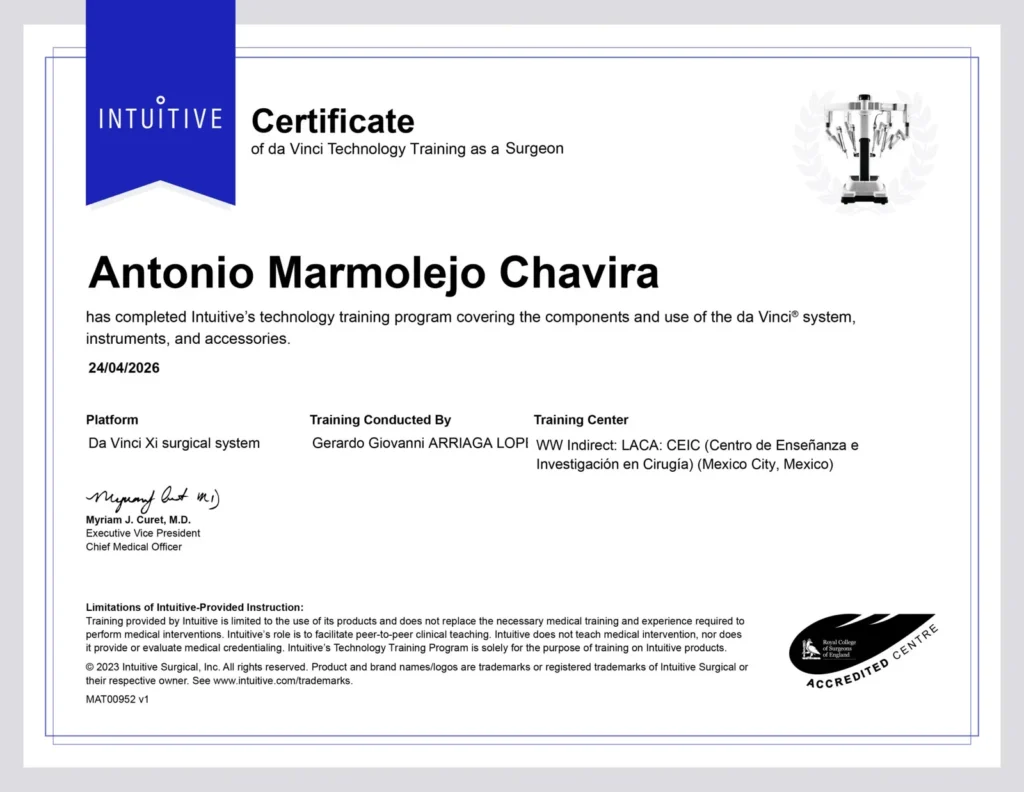 Dr. Antonio Marmolejo Certificate of da Vinci Technology Training as a Surgeon